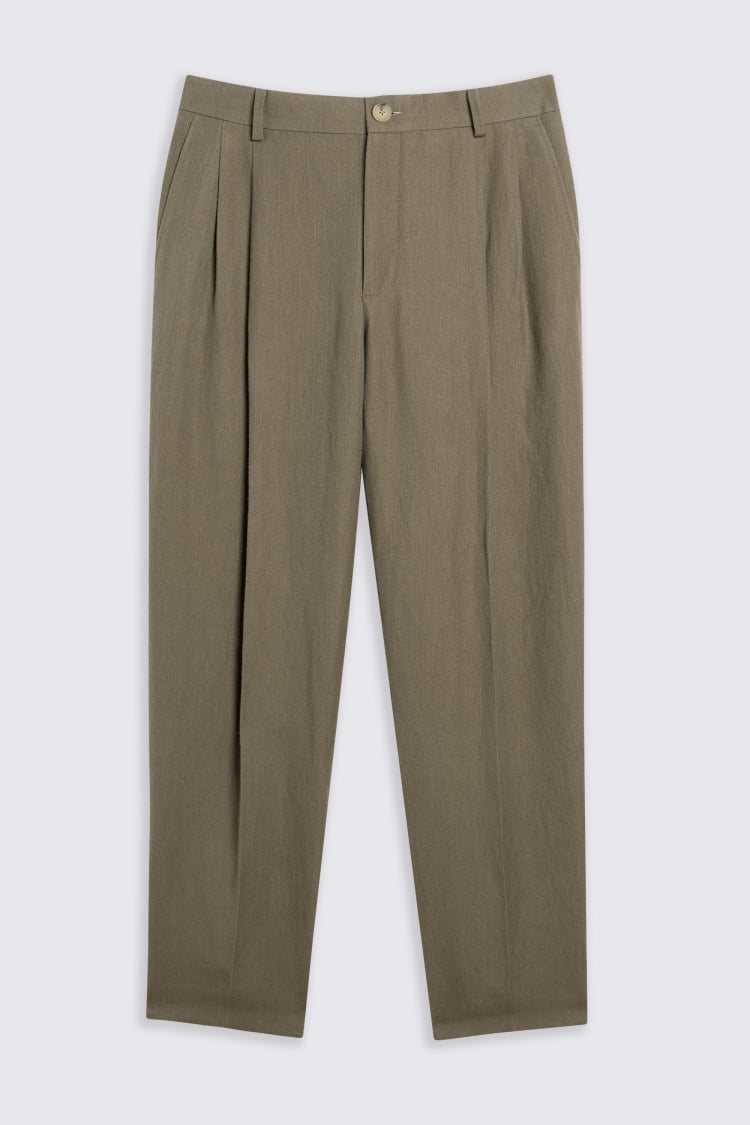 Khaki Wool Linen Wide Leg Trousers